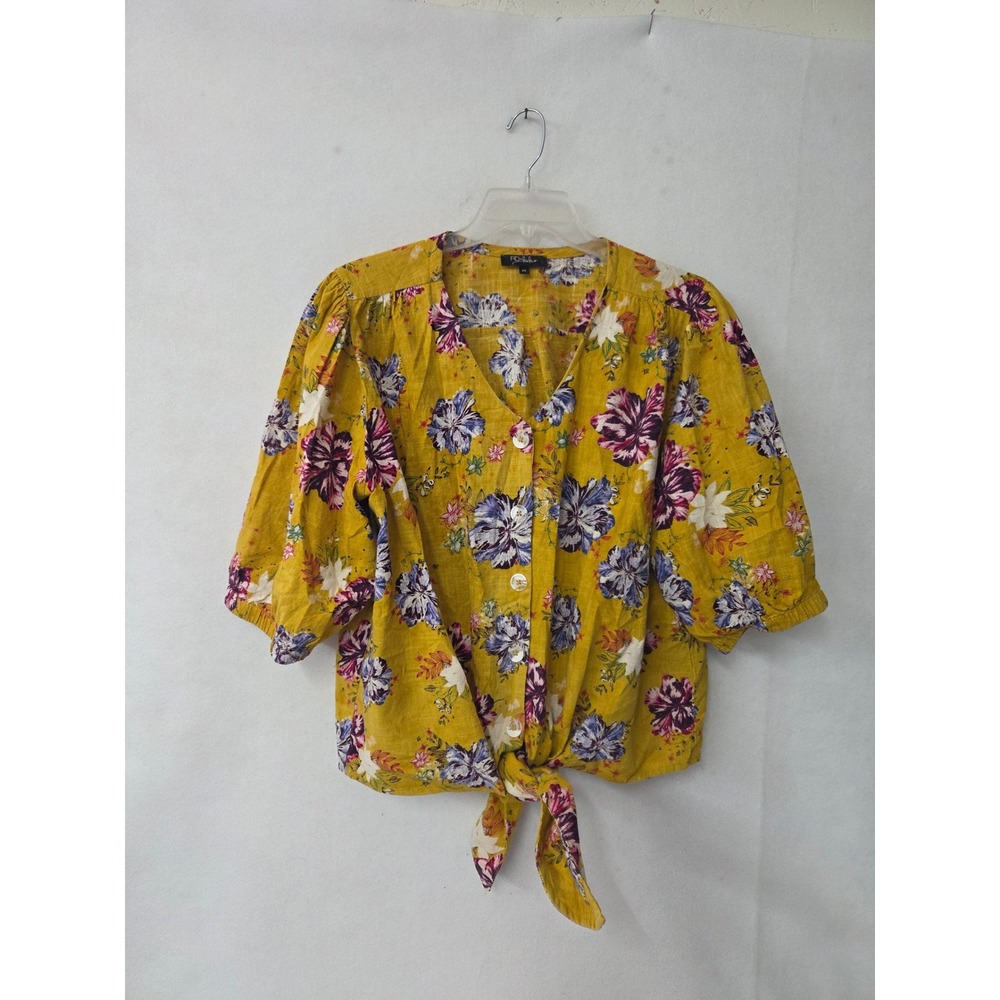 RD+Koko Linen Blouse Womens 2X Yellow Floral Puff Sleeve Front Tie‎ Top